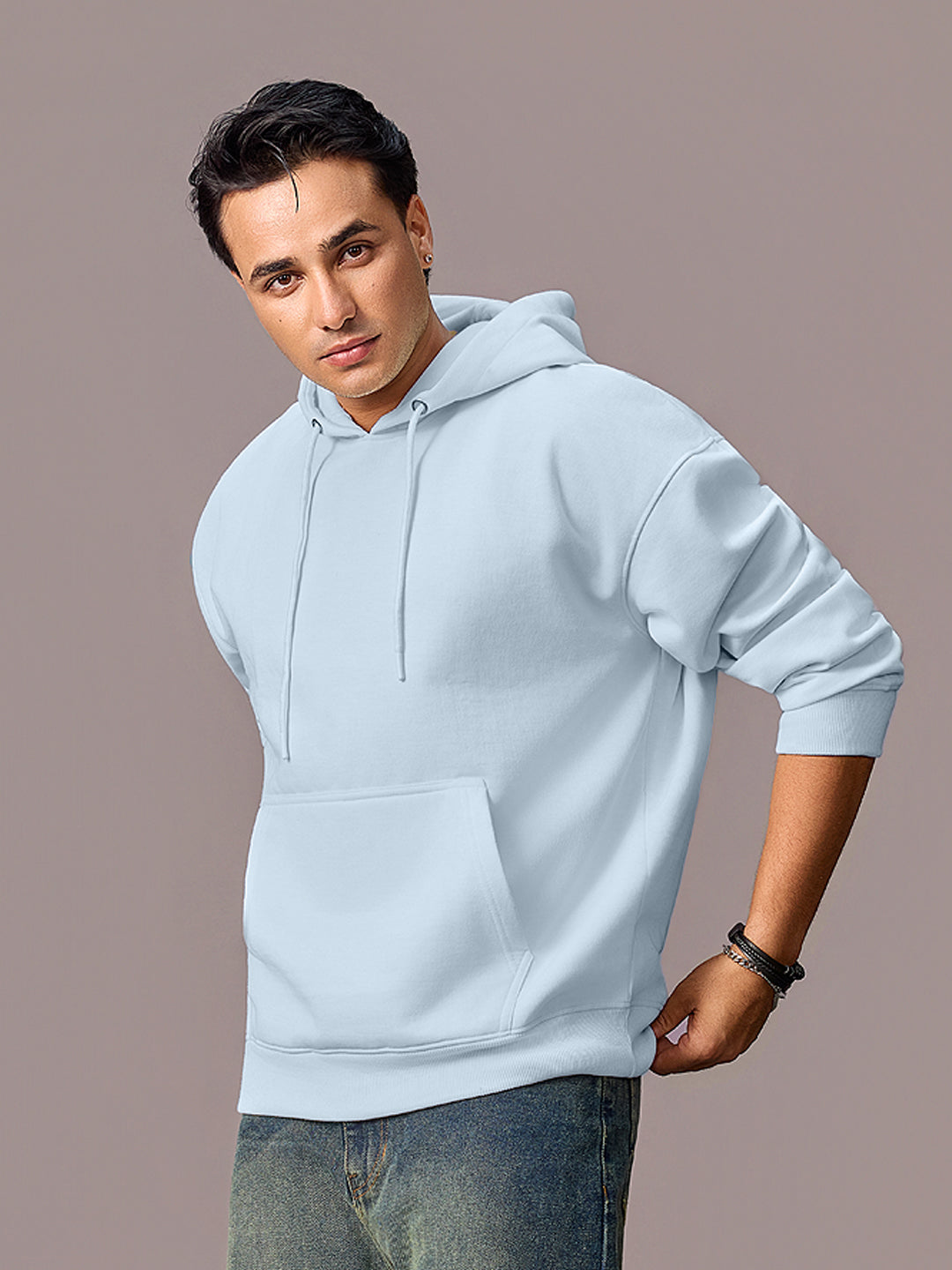 Men's Ballad Blue Cotton Solid Oversized Hooded Neck Sweatshirt