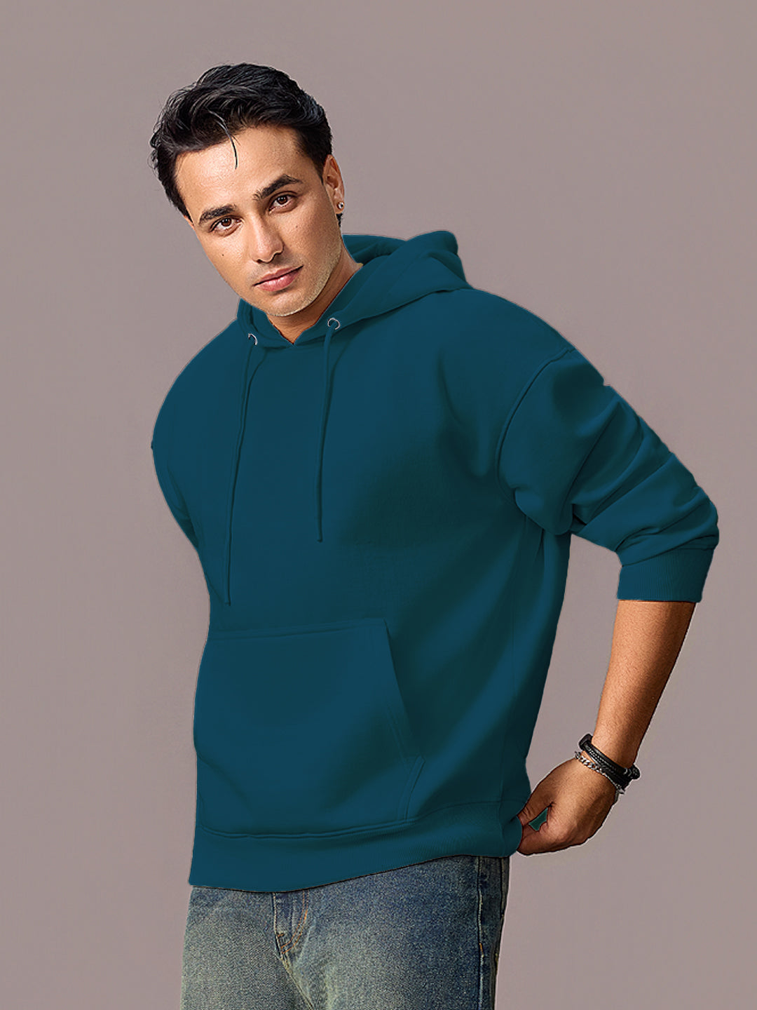 Men's Fog Teal Green Cotton Solid Oversized Hooded Neck Sweatshirt