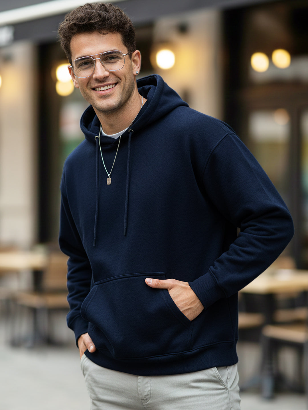 Men's Iris Navy Cotton Solid Oversized Hooded Neck Sweatshirt