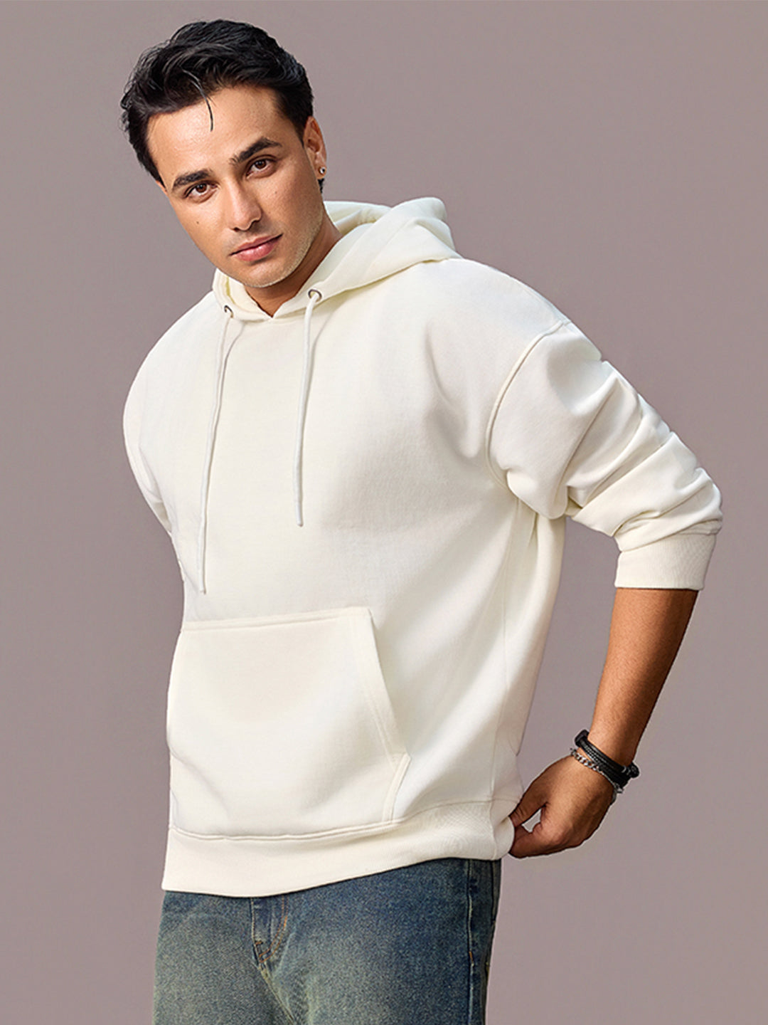 Men's Ivory Cotton Solid Oversized Hooded Neck Sweatshirt