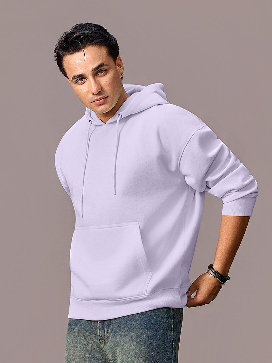 Men's Purple Heather Cotton Solid Oversized Hooded Neck Sweatshirt