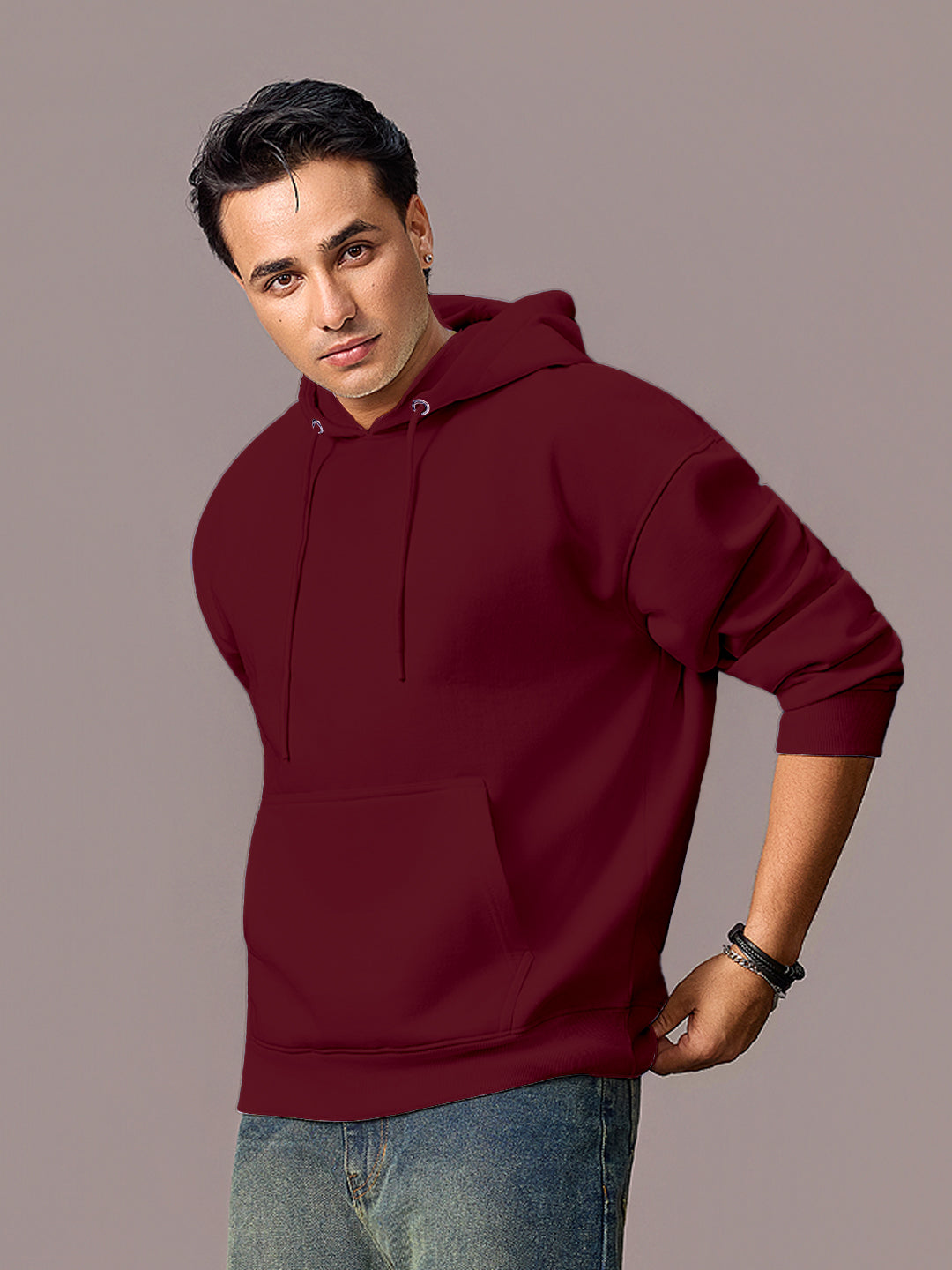 Men's Maroon Cotton Solid Oversized Hooded Neck Sweatshirt
