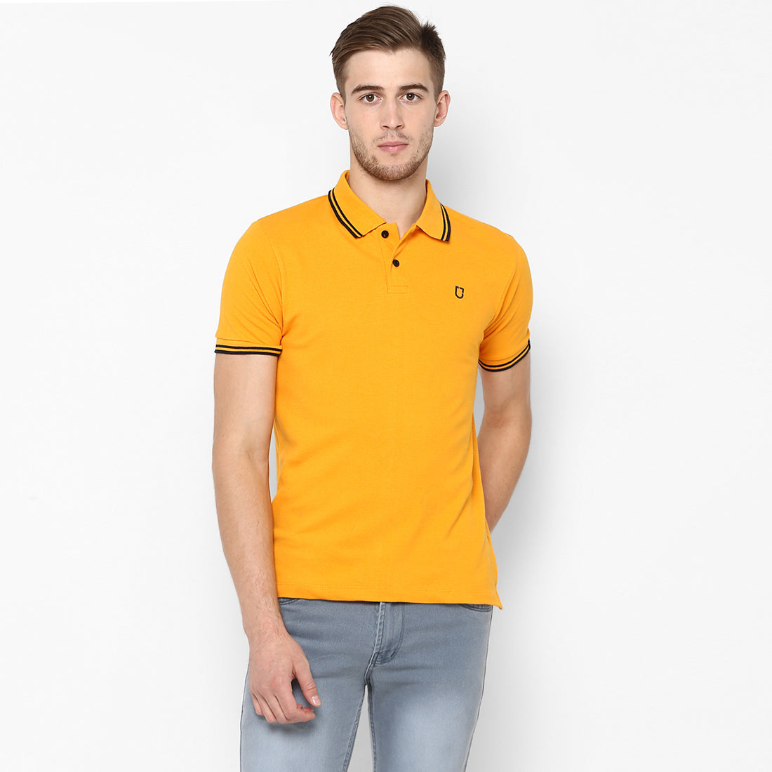 Men's Mustard Solid Mandarin Collar Slim Fit Cotton Polo T-Shirt