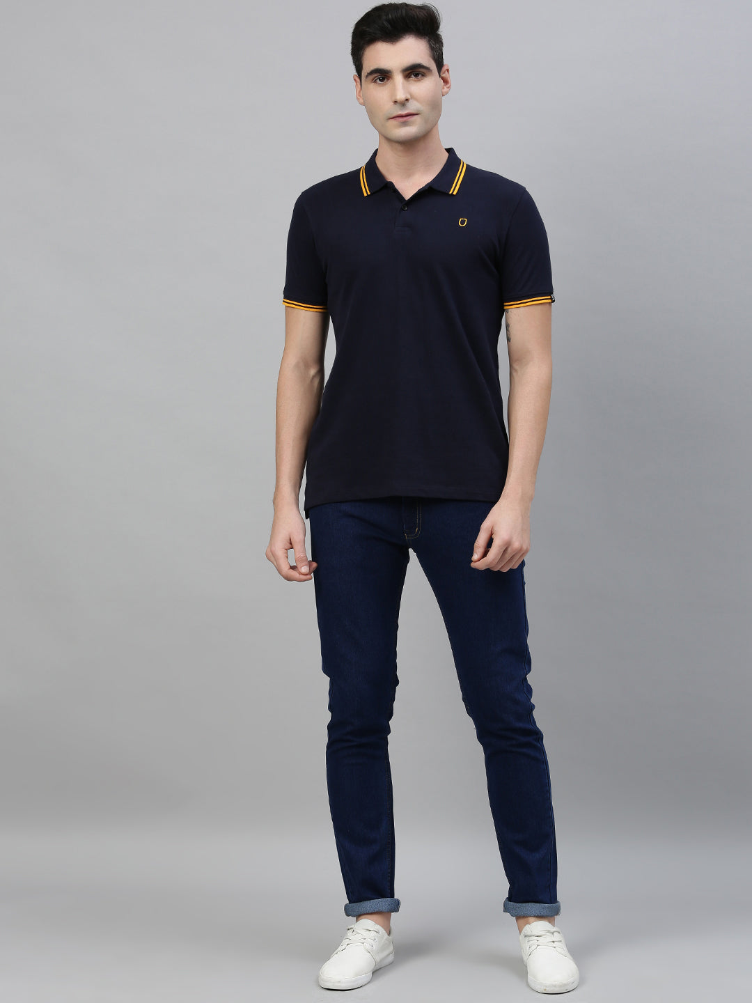 Men's Navy Blue Solid Cotton Slim Fit Polo T-Shirt