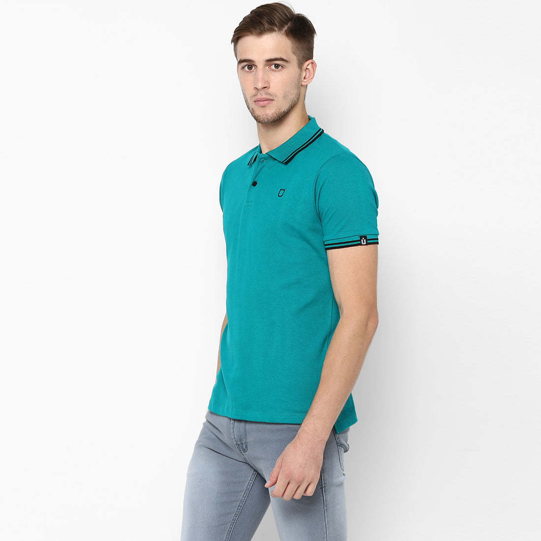 Urbano Fashion Men's Teal Green Solid Slim Fit Half Sleeve Cotton Polo T-Shirt