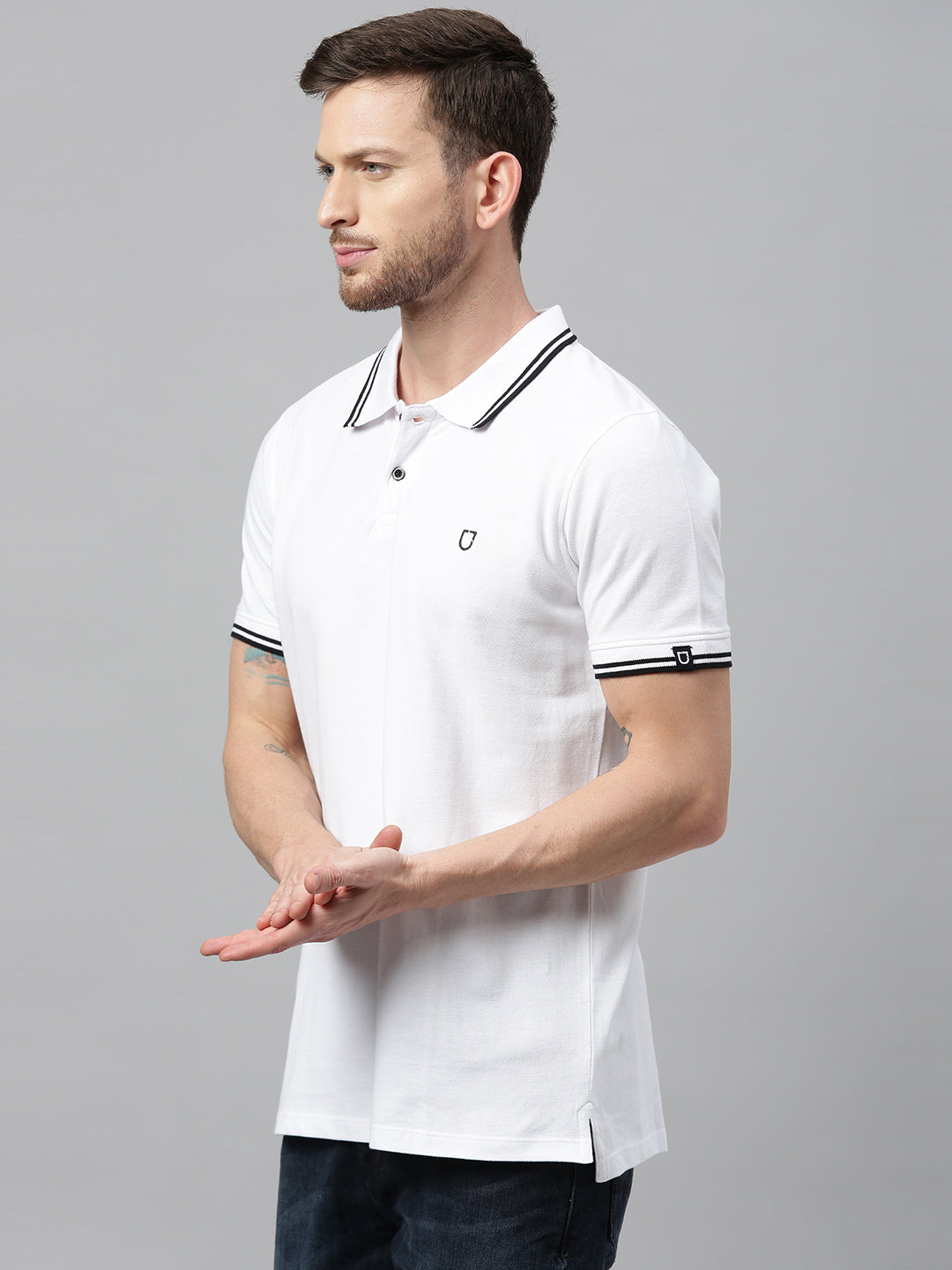 Men's White Solid Cotton Slim Fit Polo T-Shirt