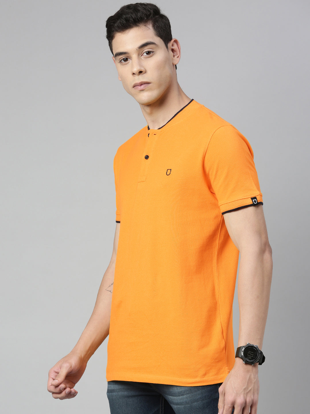 Urbano Fashion Men's Mustard Solid Mandarin Collar Slim Fit Cotton Polo T-Shirt