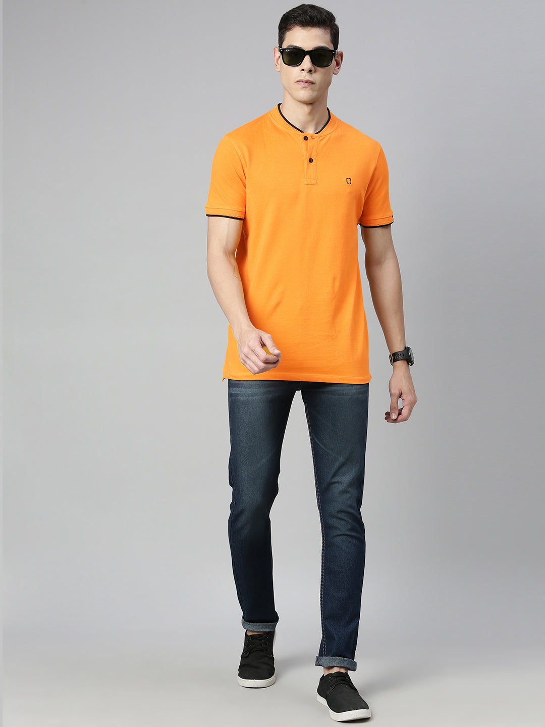 Urbano Fashion Men's Mustard Solid Mandarin Collar Slim Fit Cotton Polo T-Shirt