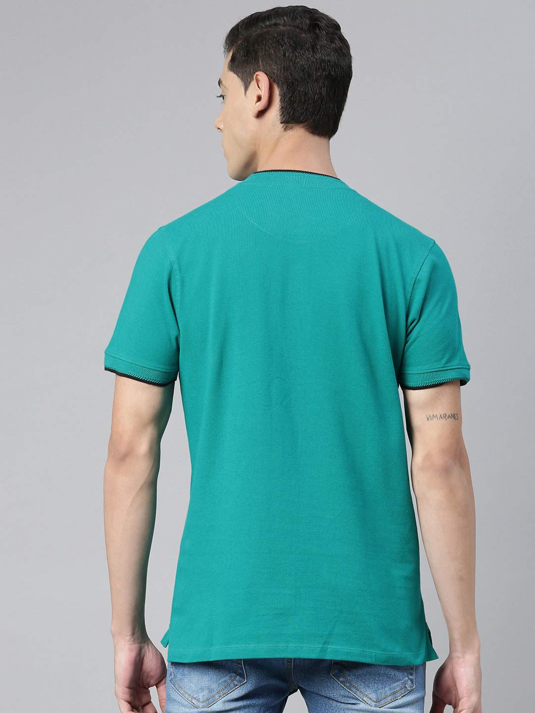 Men's Teal Green Solid Mandarin Collar Slim Fit Cotton Polo T-Shirt