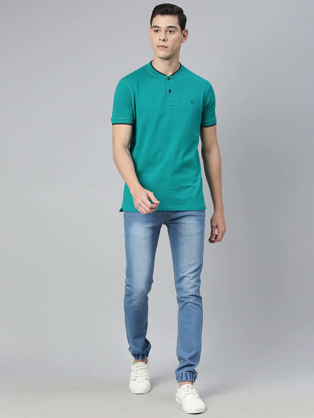 Men's Teal Green Solid Mandarin Collar Slim Fit Cotton Polo T-Shirt