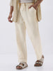 Men's Cream Loose Fit Solid Linen Blend Trousers Non-Stretchable