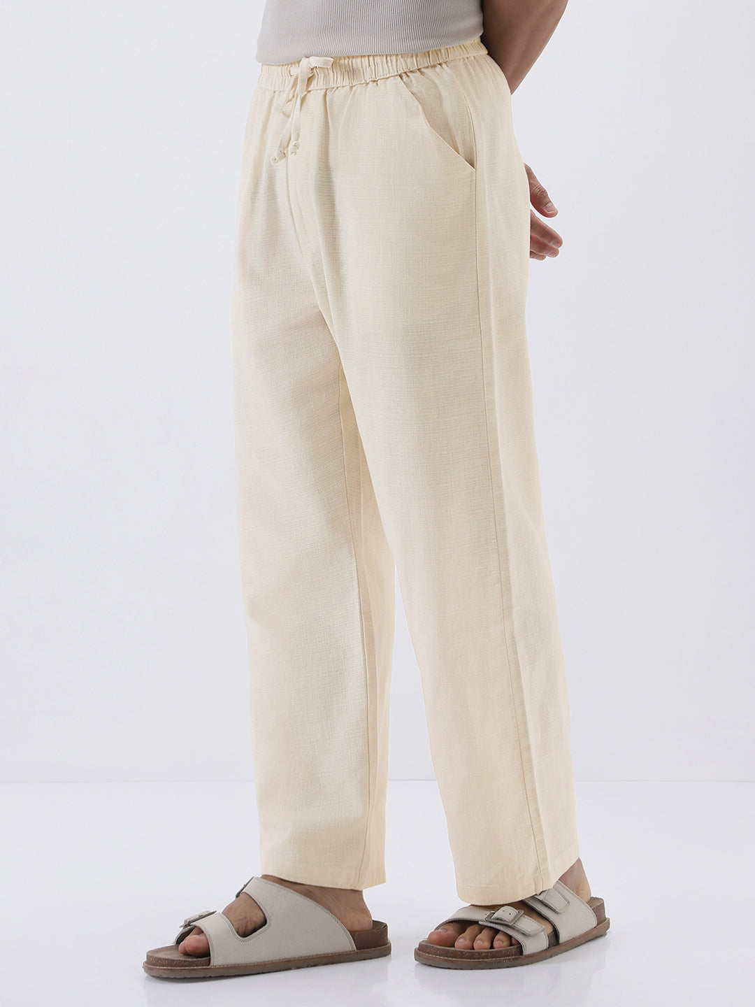 Men's Cream Loose Fit Solid Linen Blend Trousers Non-Stretchable