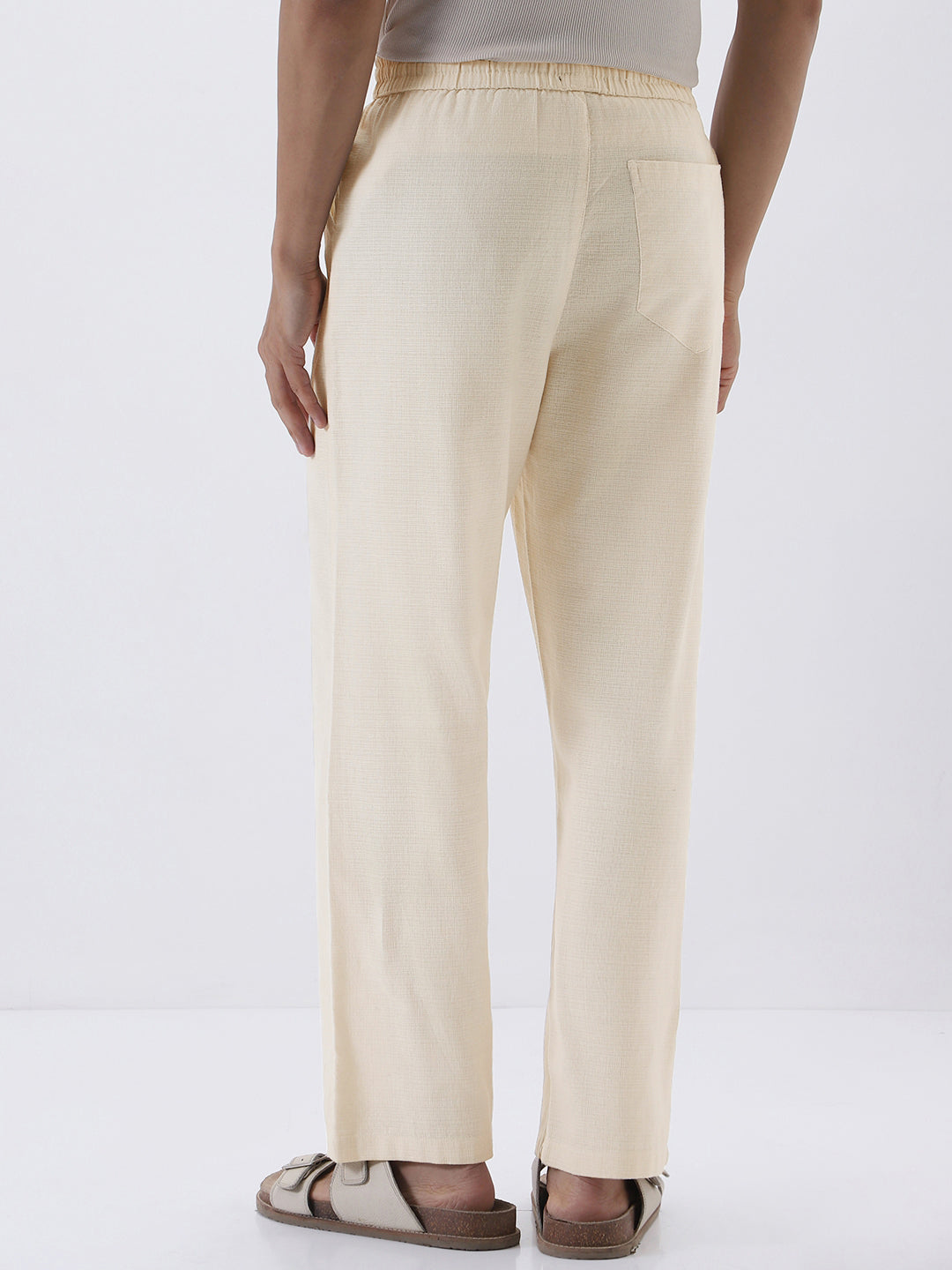 Men's Cream Loose Fit Solid Linen Blend Trousers Non-Stretchable