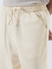 Men's Cream Loose Fit Solid Linen Blend Trousers Non-Stretchable