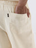 Men's Cream Loose Fit Solid Linen Blend Trousers Non-Stretchable