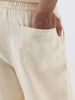 Men's Cream Loose Fit Solid Linen Blend Trousers Non-Stretchable