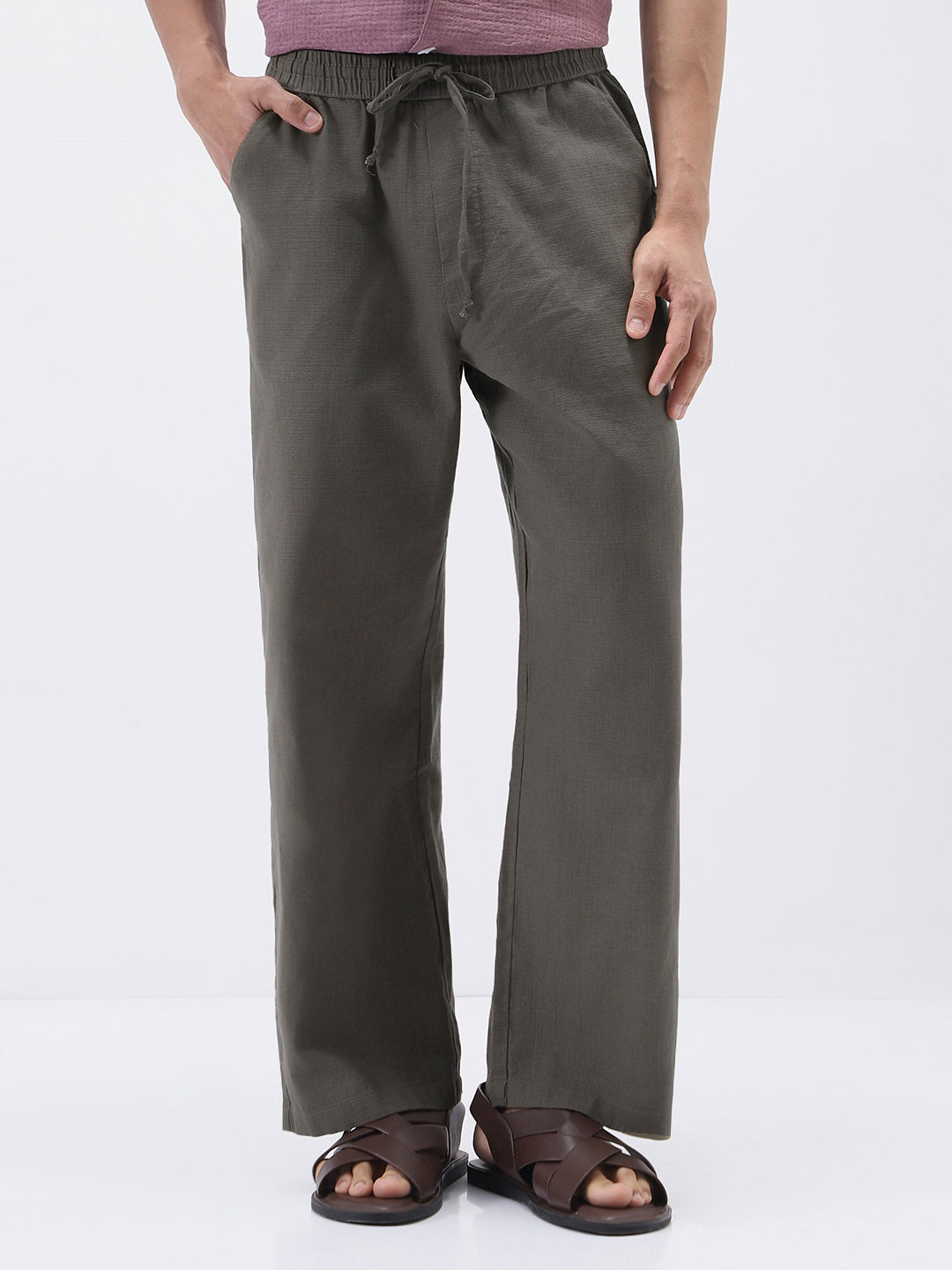 Men's Dusty Grey Loose Fit Solid Linen Blend Trousers Non-Stretchable