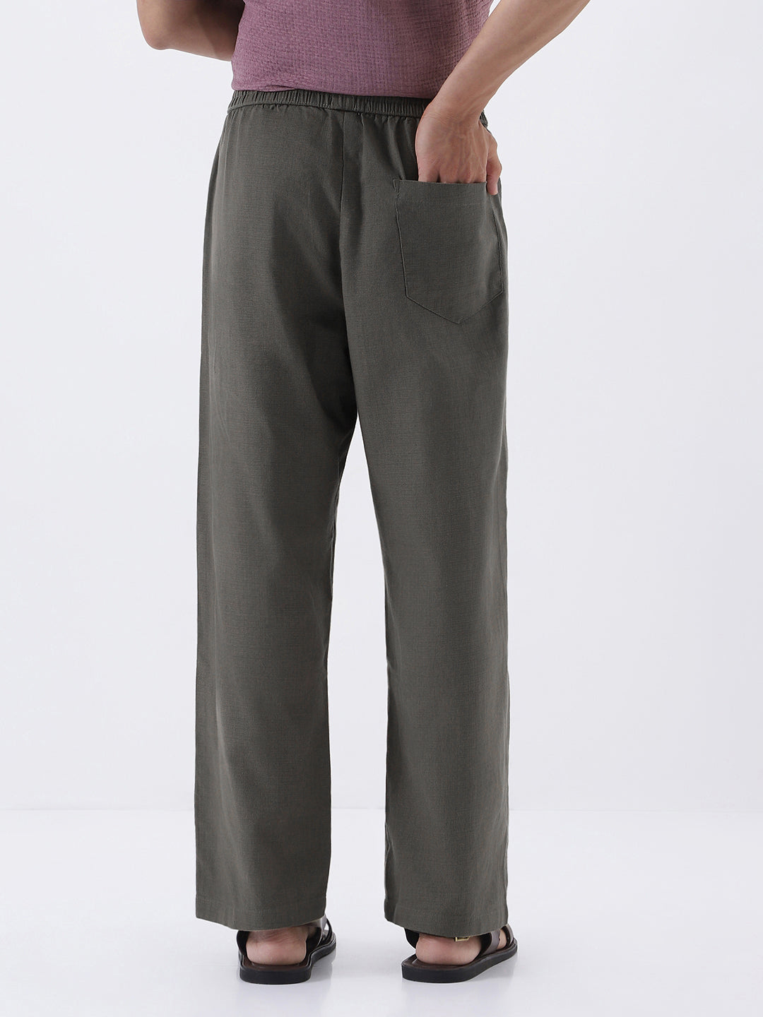 Men's Dusty Grey Loose Fit Solid Linen Blend Trousers Non-Stretchable