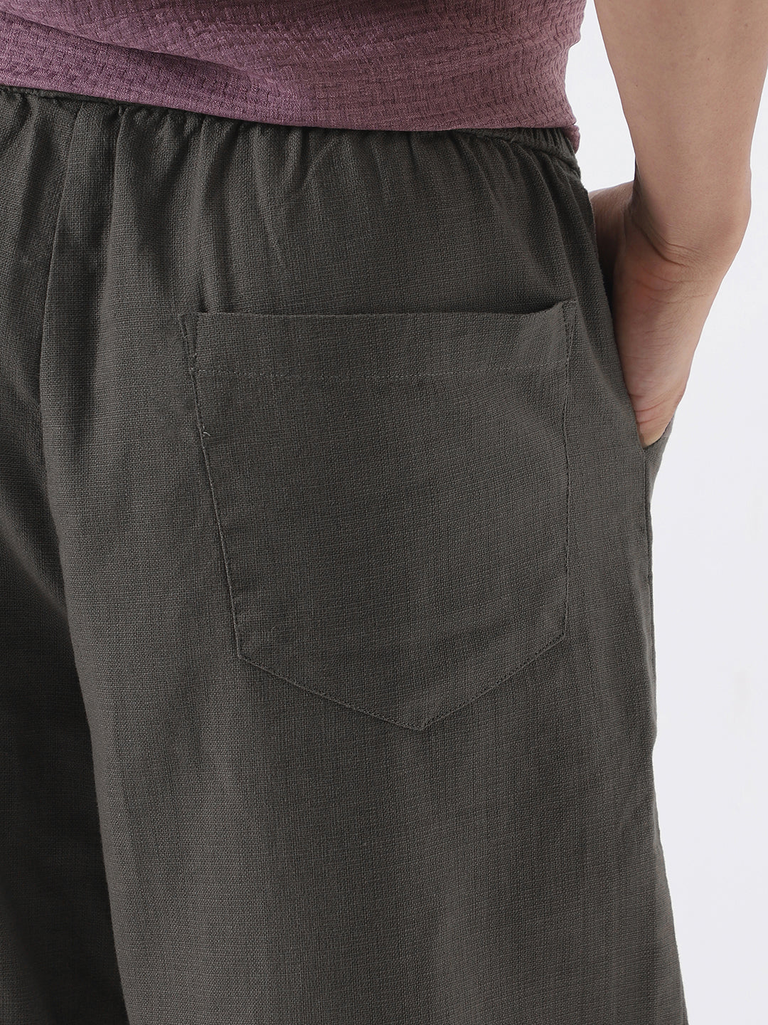 Men's Dusty Grey Loose Fit Solid Linen Blend Trousers Non-Stretchable