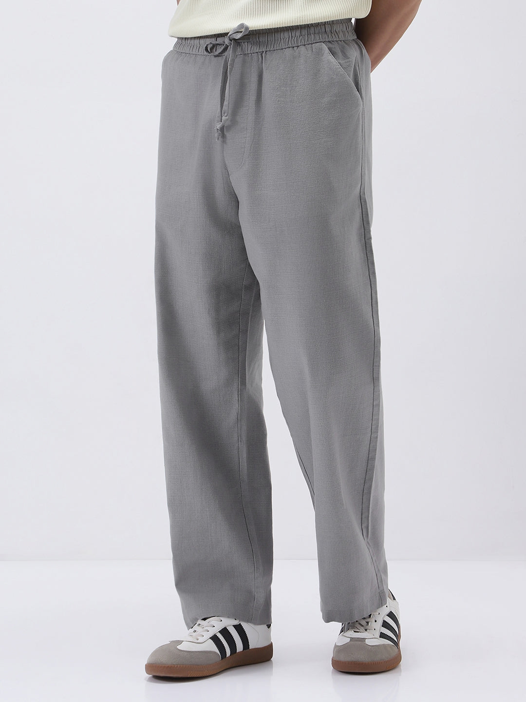 Men's Grey Loose Fit Solid Linen Blend Trousers Non-Stretchable