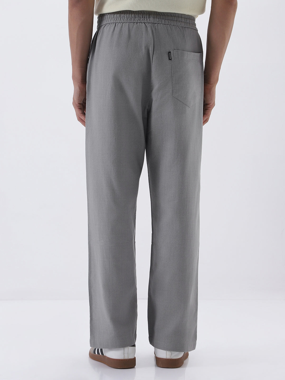 Men's Grey Loose Fit Solid Linen Blend Trousers Non-Stretchable