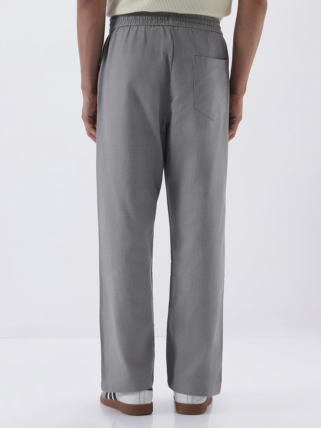 Men's Grey Loose Fit Solid Linen Blend Trousers Non-Stretchable