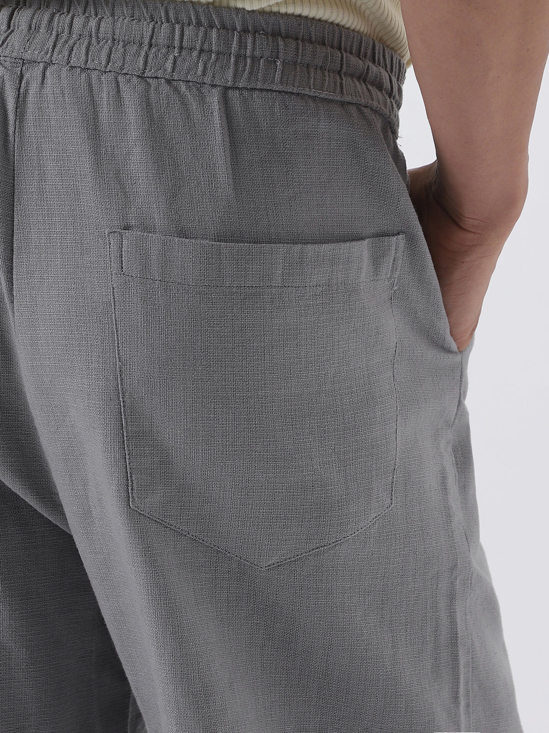 Men's Grey Loose Fit Solid Linen Blend Trousers Non-Stretchable