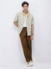 Men's Khaki Loose Fit Solid Linen Blend Trousers Non-Stretchable