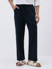 Men's Navy Loose Fit Solid Linen Blend Trousers Non-Stretchable