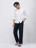 Men's Navy Loose Fit Solid Linen Blend Trousers Non-Stretchable