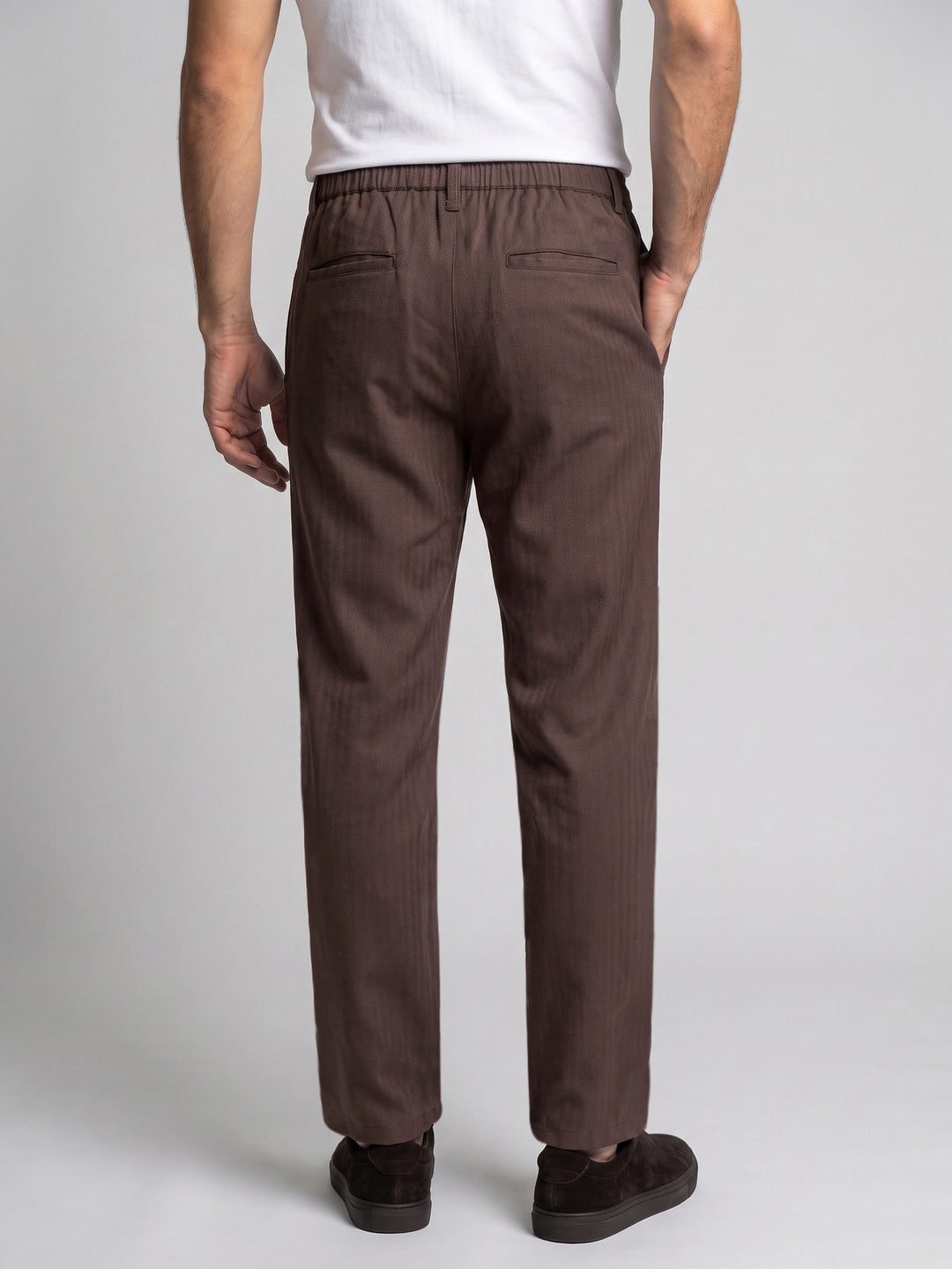 Men's Chocolate Relaxed Fit Solid Linen Blend Trousers Non-Stretchable