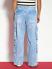 Men's Ice Blue Loose Baggy Fit Travel Cargo Jeans With 8 Pockets Stretchable