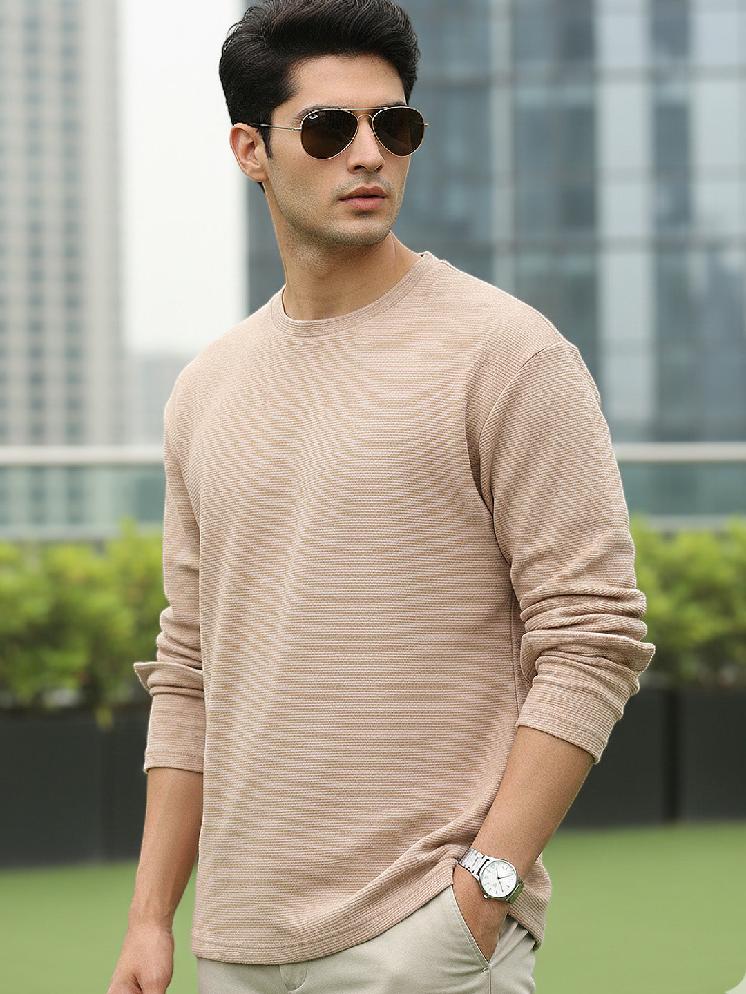 Men's Ginger Root Textured Round Neck Oversized Full Sleeve Cotton T-Shirt