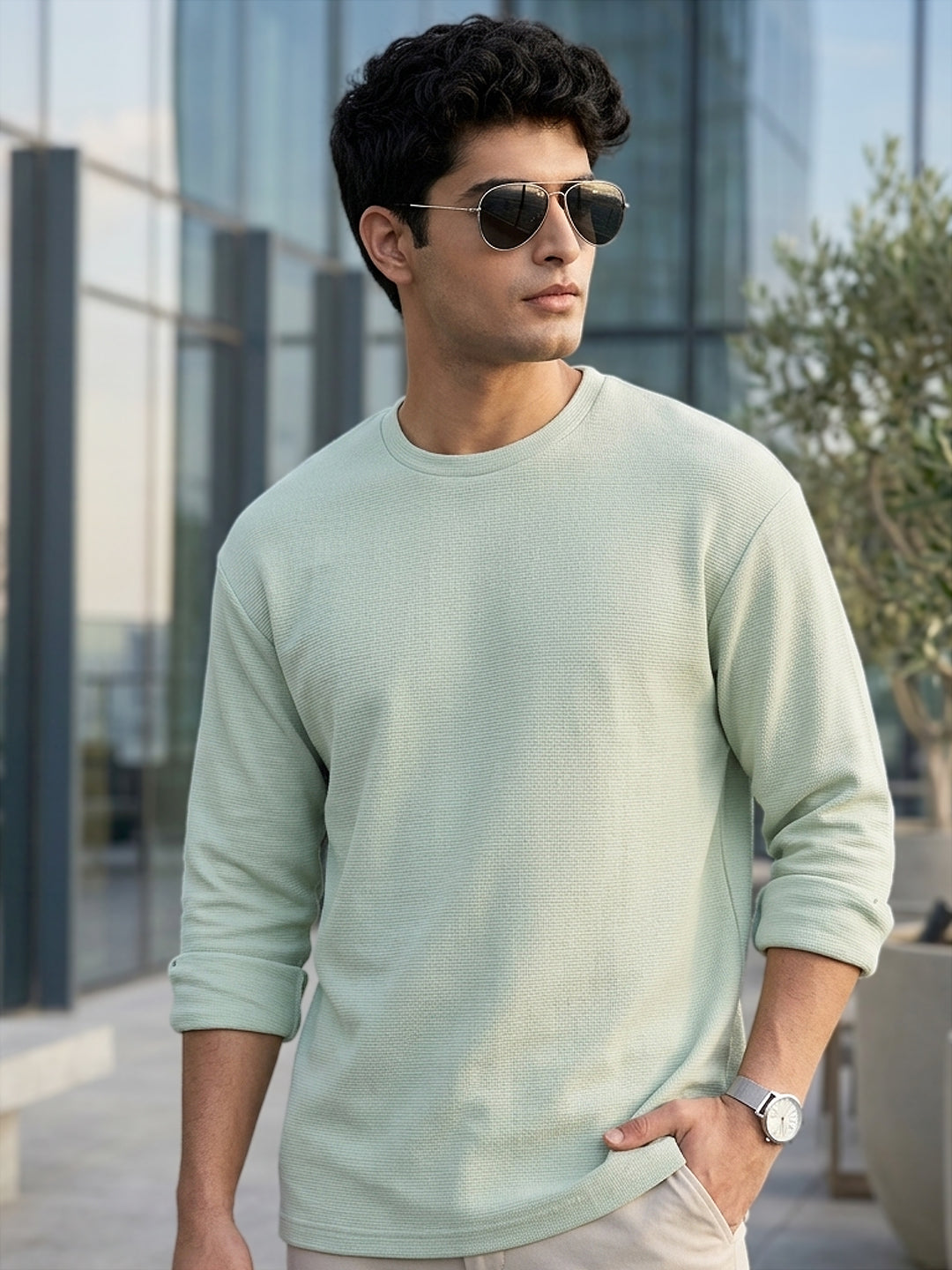 Men's Pastel Green Textured Round Neck Oversized Full Sleeve Cotton T-Shirt