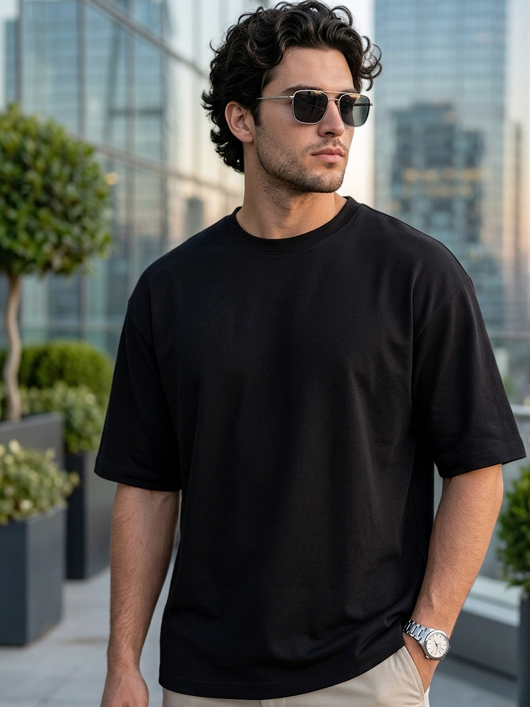 Men's Black Textured Round Neck Oversized Half Sleeve Cotton T-Shirt