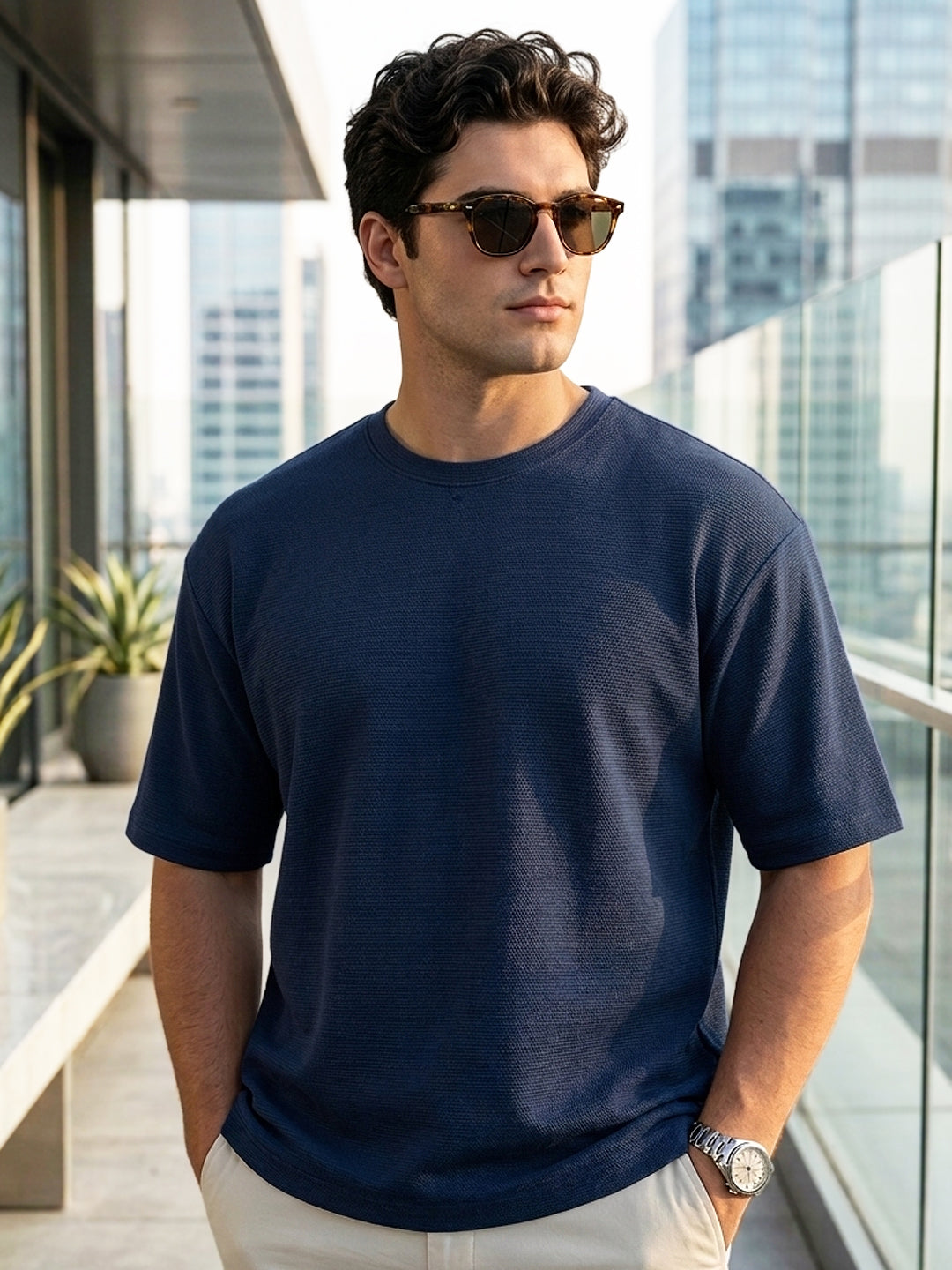 Men's Navy Textured Round Neck Oversized Half Sleeve Cotton T-Shirt
