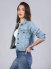 Women's Ice Blue Regular Fit Washed Full Sleeve Denim Jacket