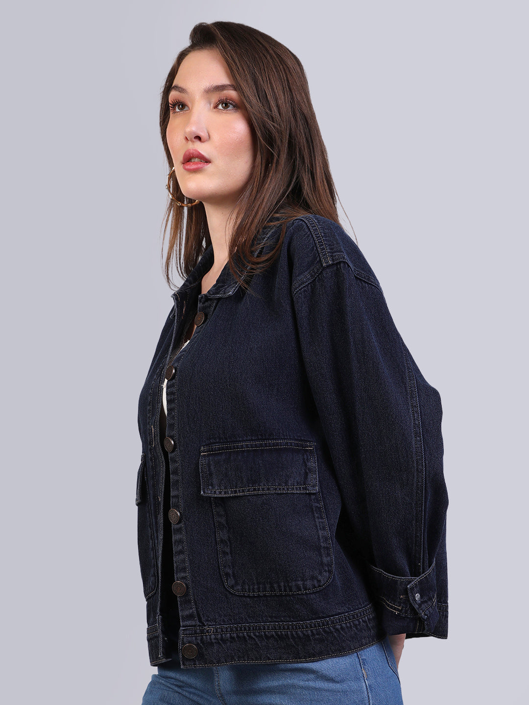 Women's Dark Blue Relaxed Fit Full Sleeve Utility Denim Jacket
