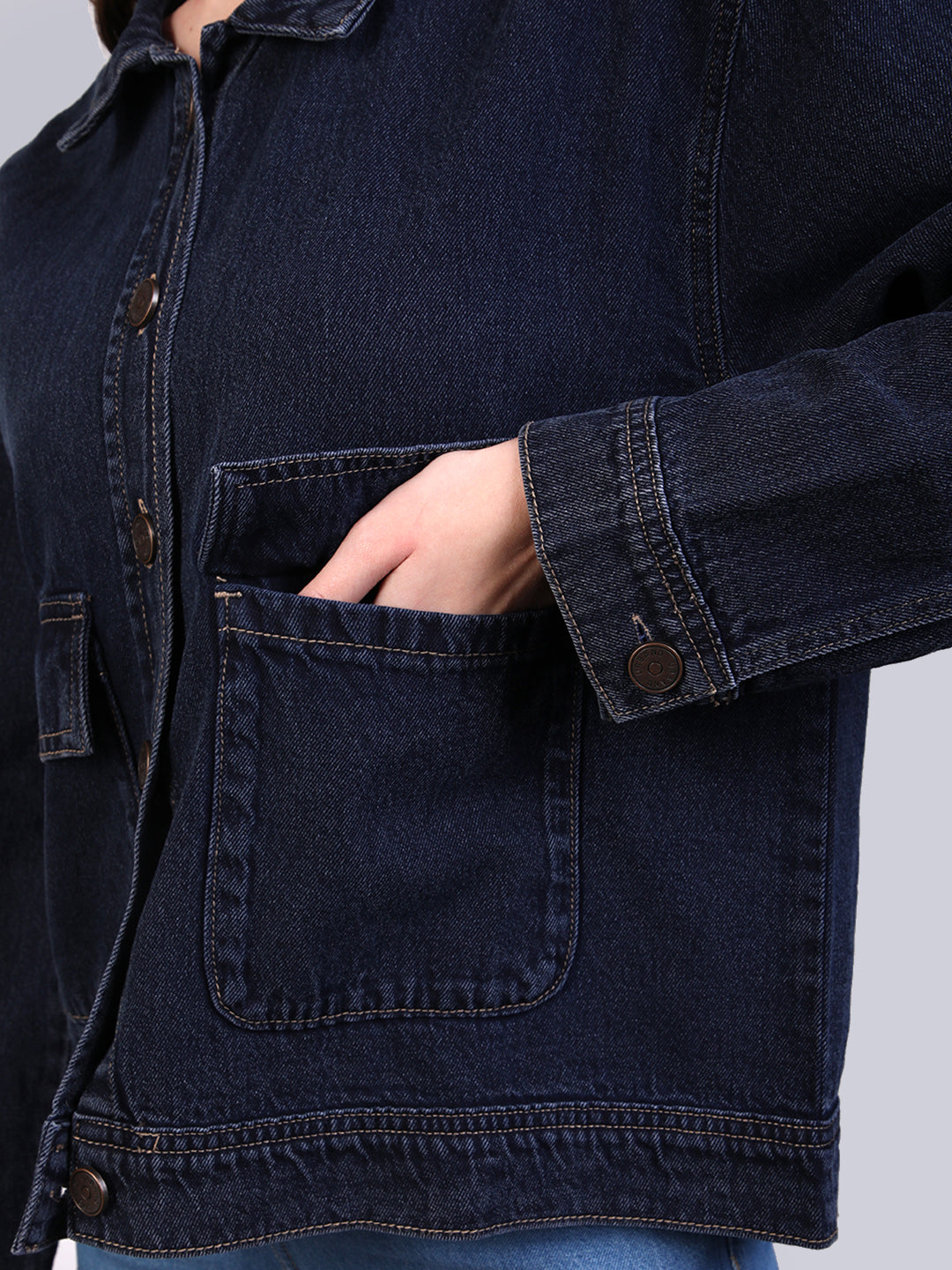 Women's Dark Blue Relaxed Fit Full Sleeve Utility Denim Jacket
