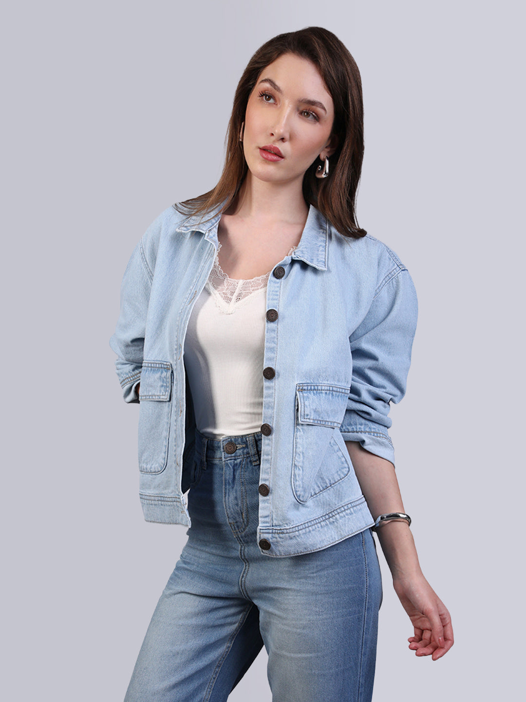 Women's Ice Blue Relaxed Fit Full Sleeve Utility Denim Jacket
