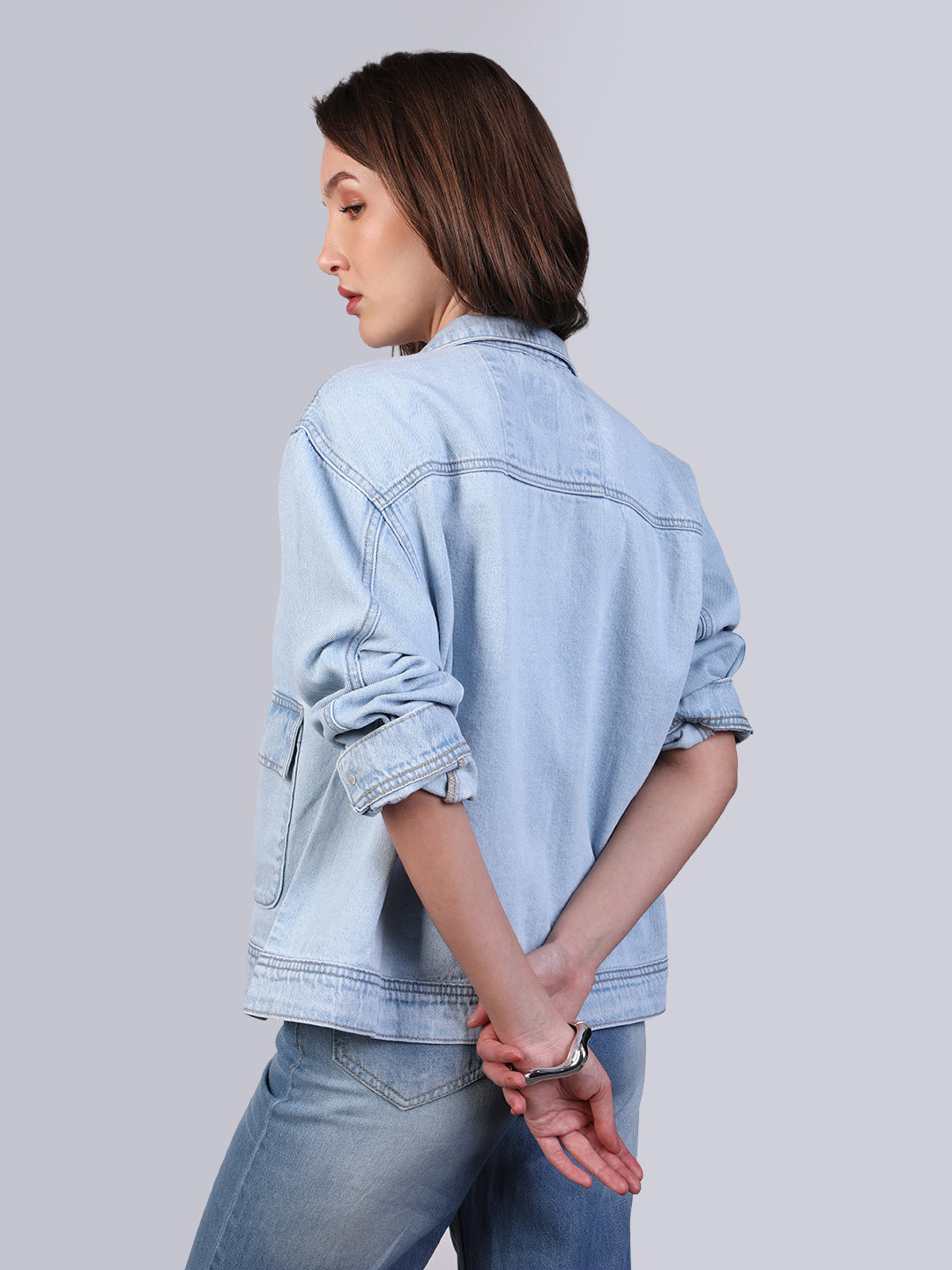 Women's Ice Blue Relaxed Fit Full Sleeve Utility Denim Jacket