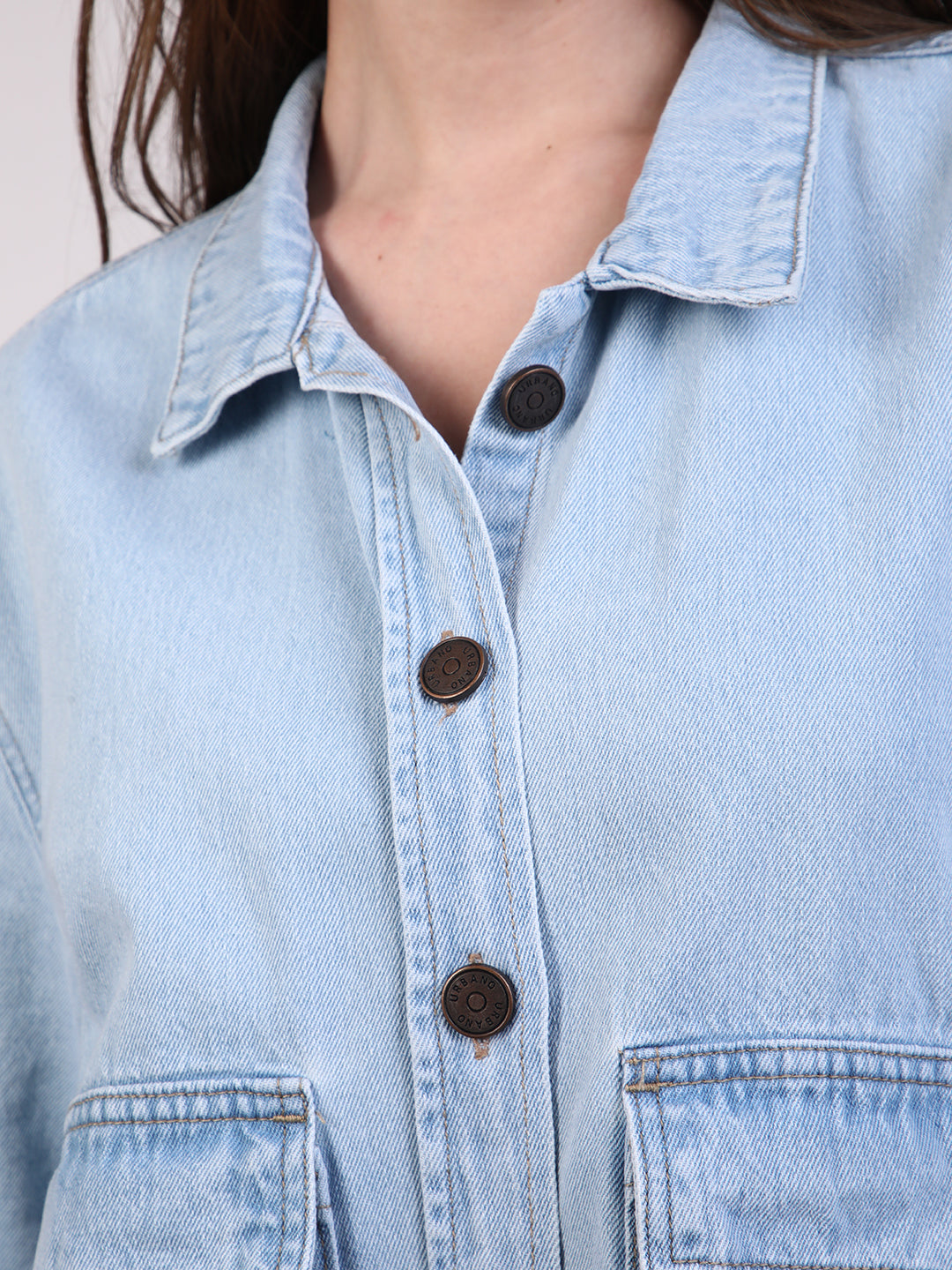 Women's Ice Blue Relaxed Fit Full Sleeve Utility Denim Jacket