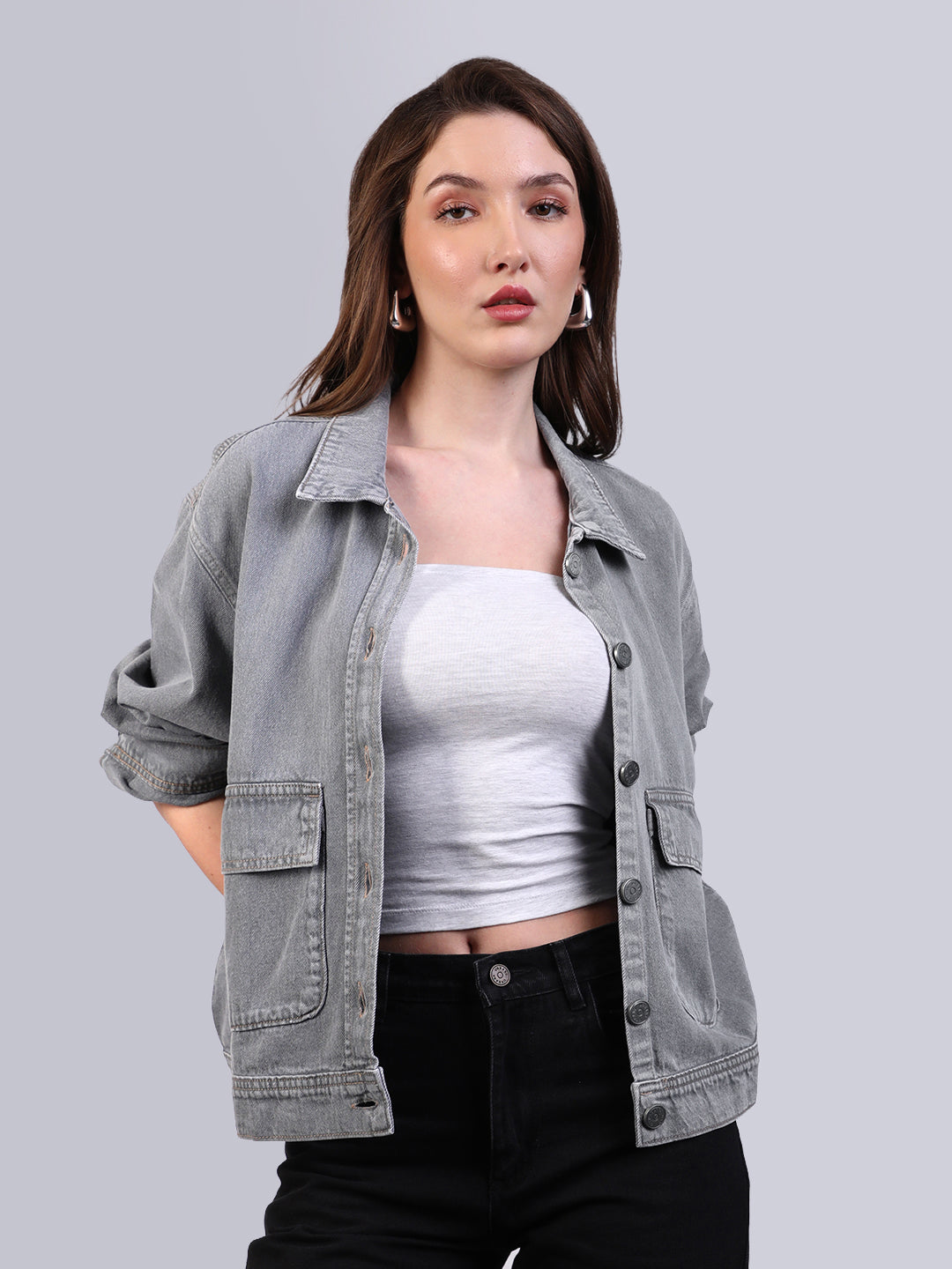 Women's Ice Grey Relaxed Fit Full Sleeve Utility Denim Jacket