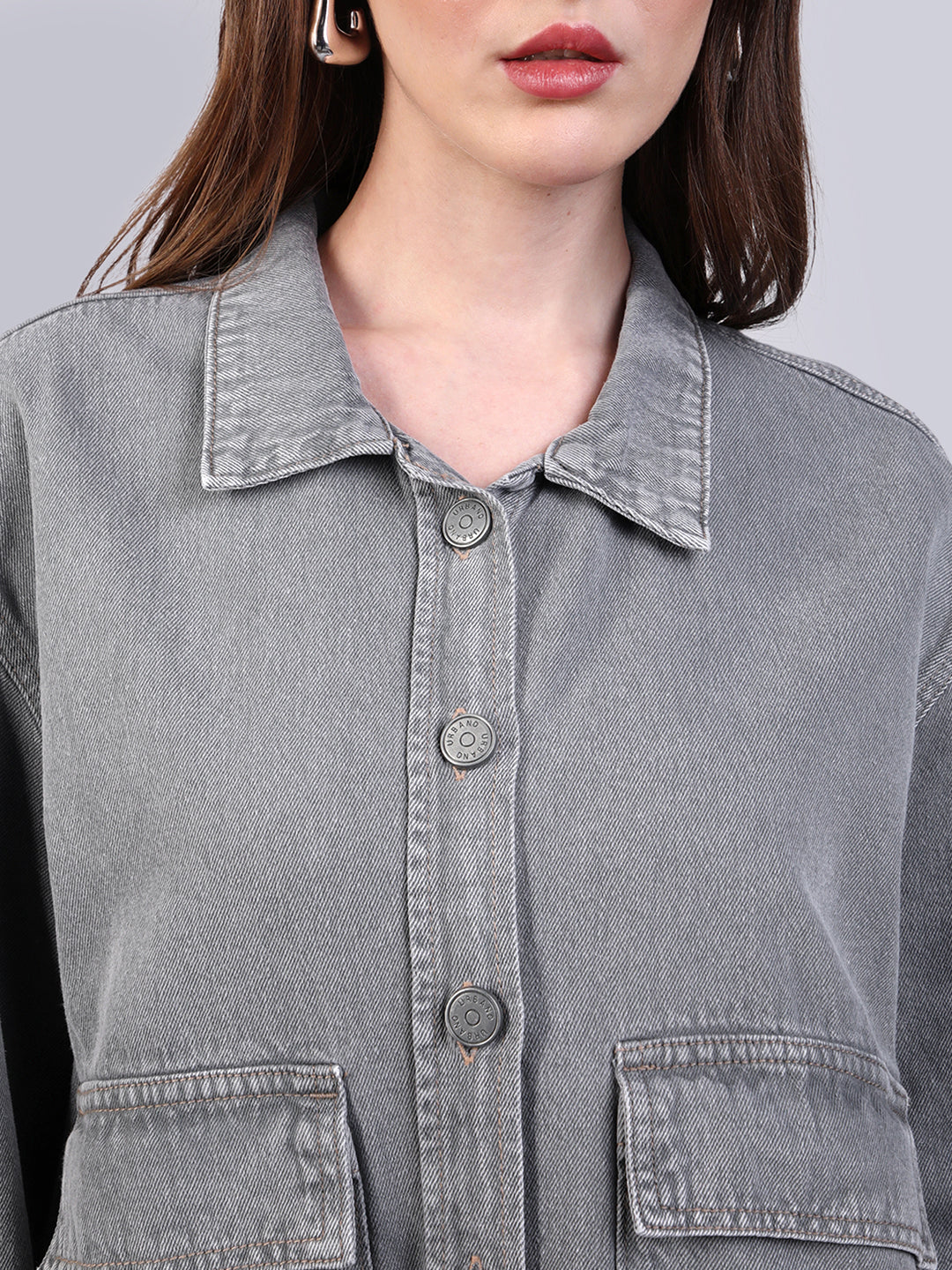 Women's Ice Grey Relaxed Fit Full Sleeve Utility Denim Jacket