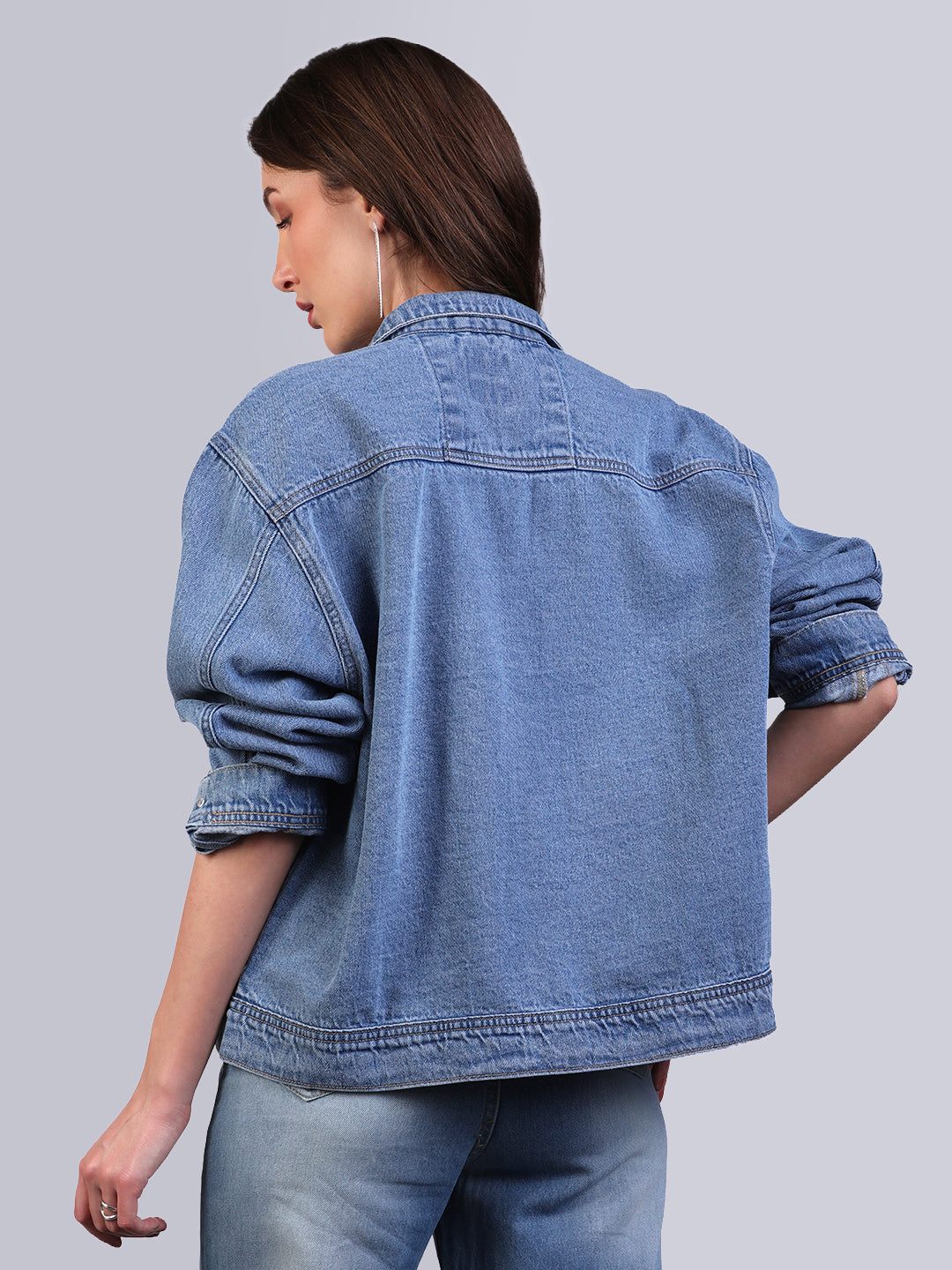 Women's Light Blue Relaxed Fit Full Sleeve Utility Denim Jacket