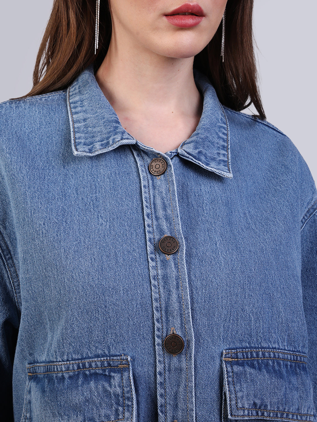 Women's Light Blue Relaxed Fit Full Sleeve Utility Denim Jacket
