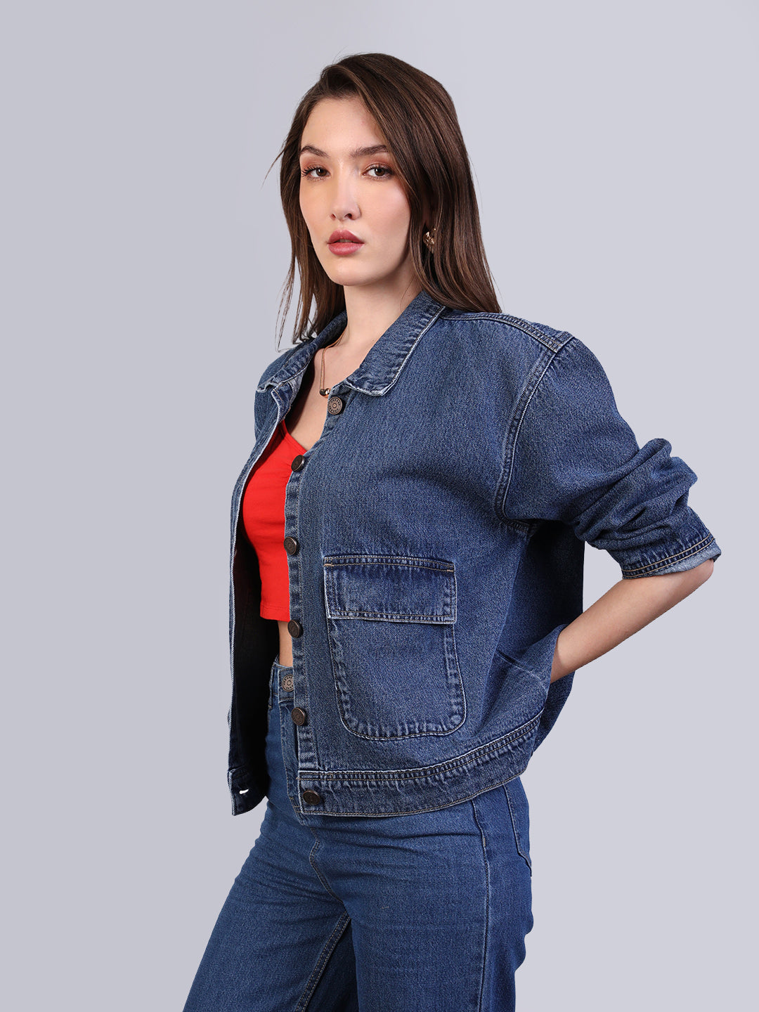 Women's Blue Relaxed Fit Full Sleeve Utility Denim Jacket
