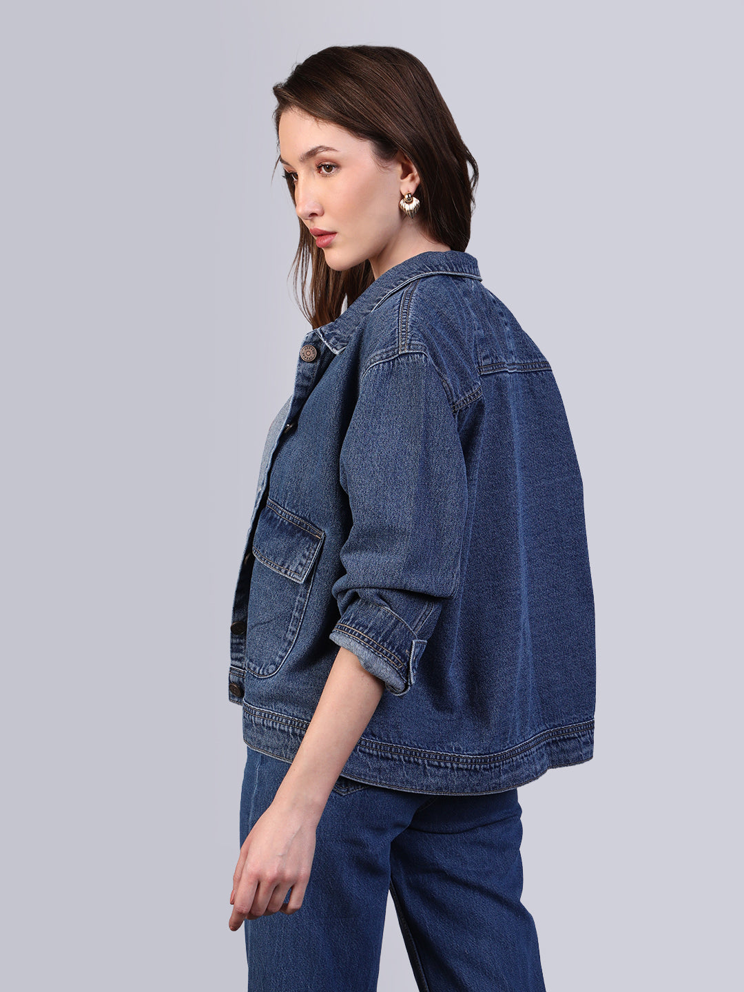 Women's Blue Relaxed Fit Full Sleeve Utility Denim Jacket