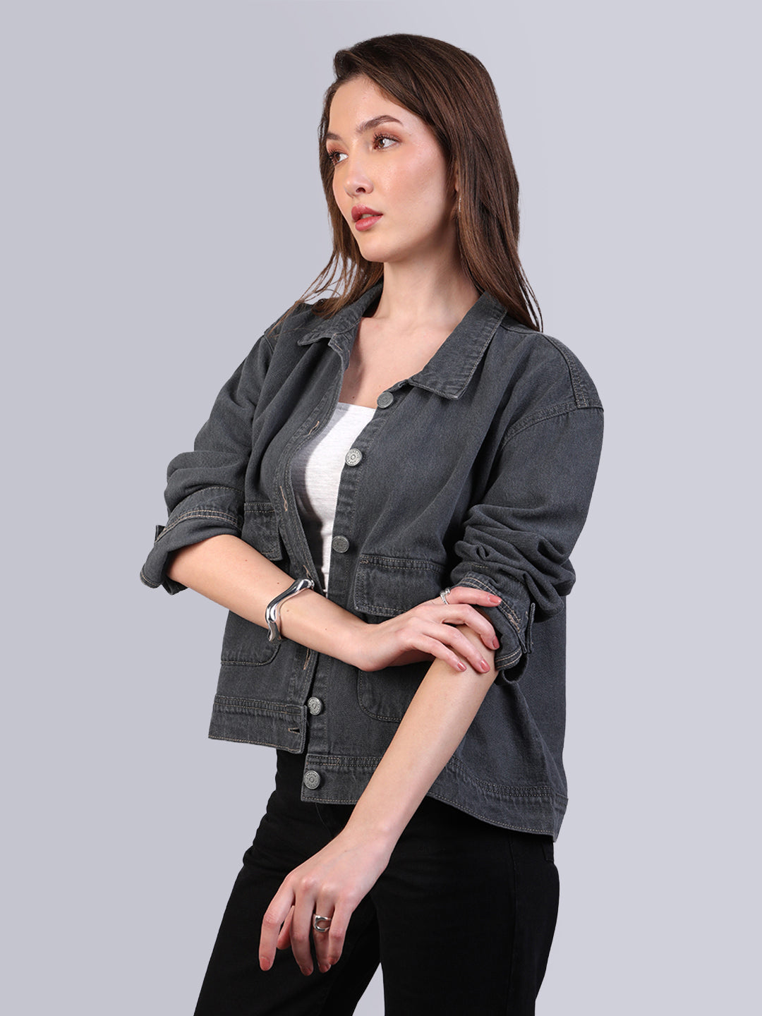 Women's Grey Relaxed Fit Full Sleeve Utility Denim Jacket
