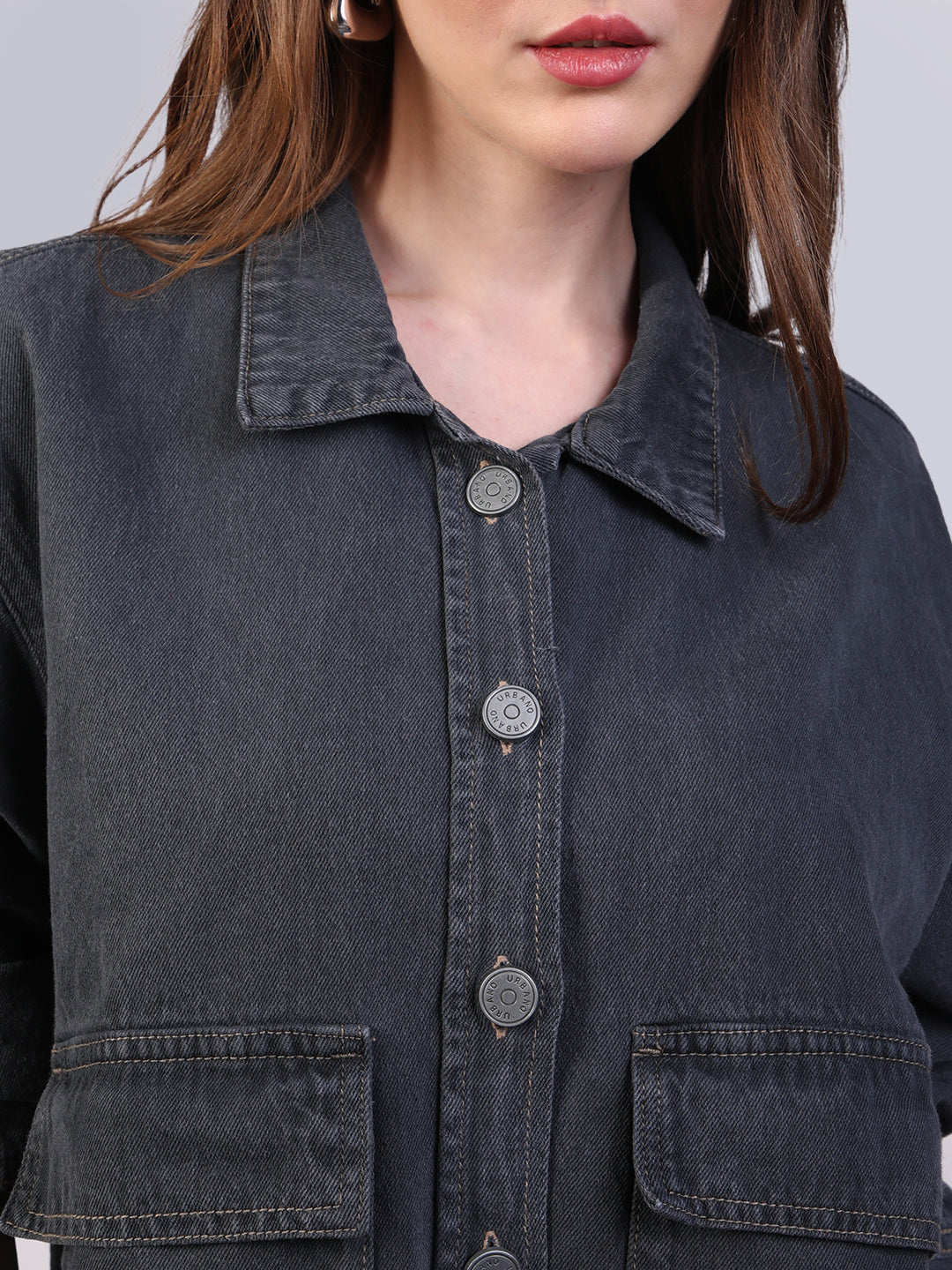 Women's Grey Relaxed Fit Full Sleeve Utility Denim Jacket